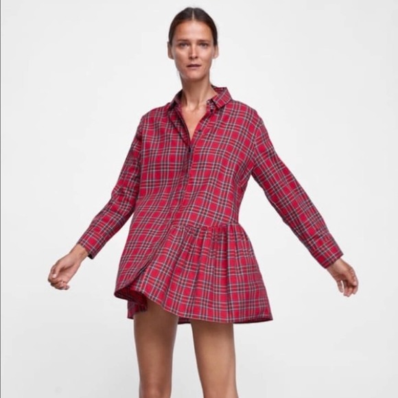 Zara Dresses & Skirts - Zara Asymmetrical Red Check Tunic Dress